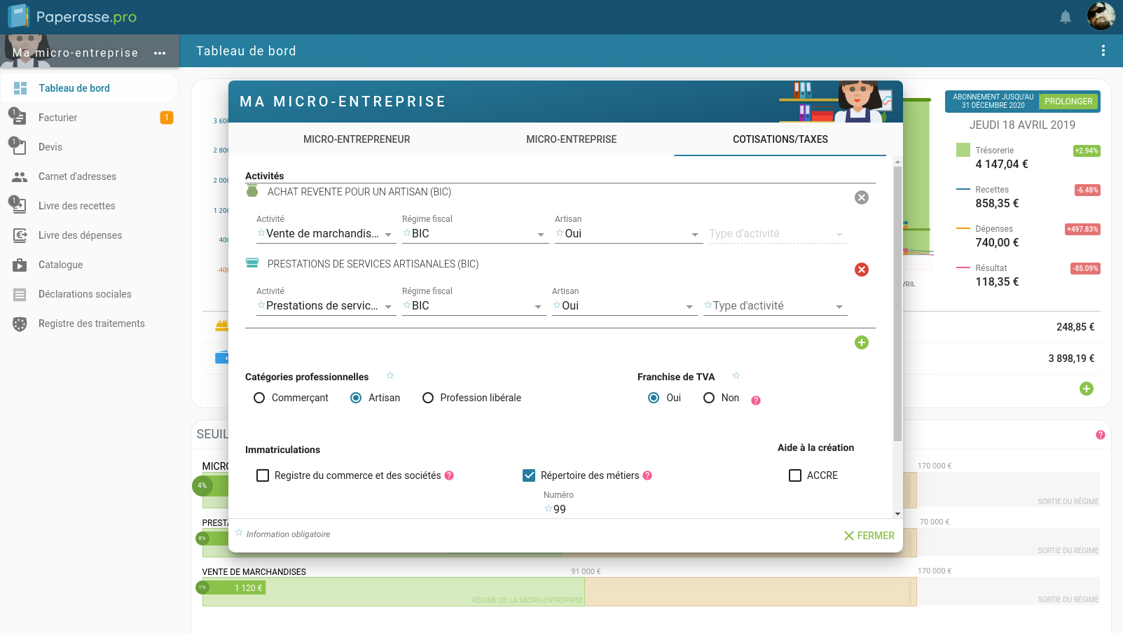 Capture d'écran Ordinateur de bureau : Paramètrage des activités du micro-entrepreneur (auto-entrepreneur) pour le calcul, des seuils, des cotisations et des taxes