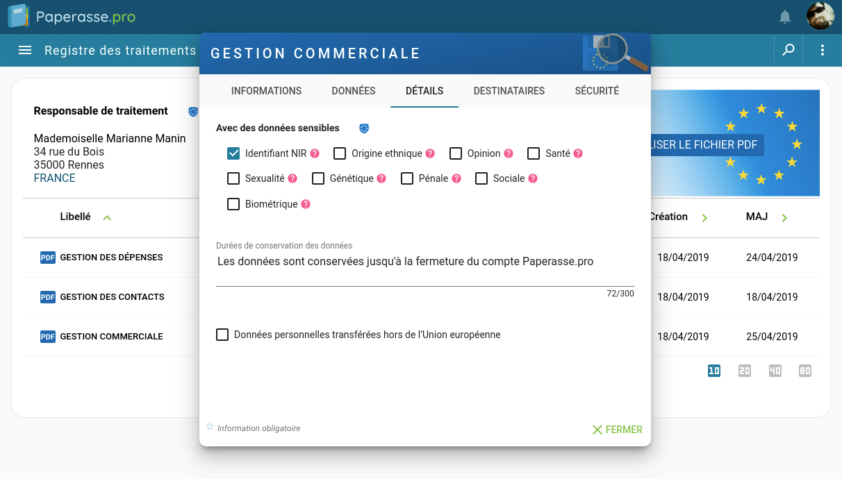 Capture d'écran Ordinateur portable : Modification d'un traitement de données du registre de données de la micro-entreprise pour le RGPD